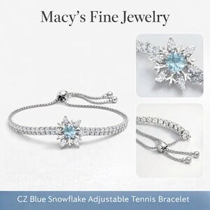 Macys Fine Jewelry Blue Snowflake CZ Adjustable Tennis Bolo Bracelet Silver Tone